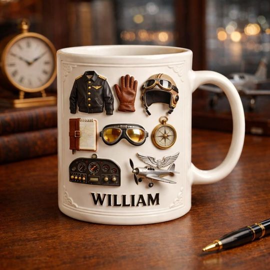 Personalized Pilot Mug, Custom Aviator Name Coffee Cup, Vintage Airplane Gift for Him