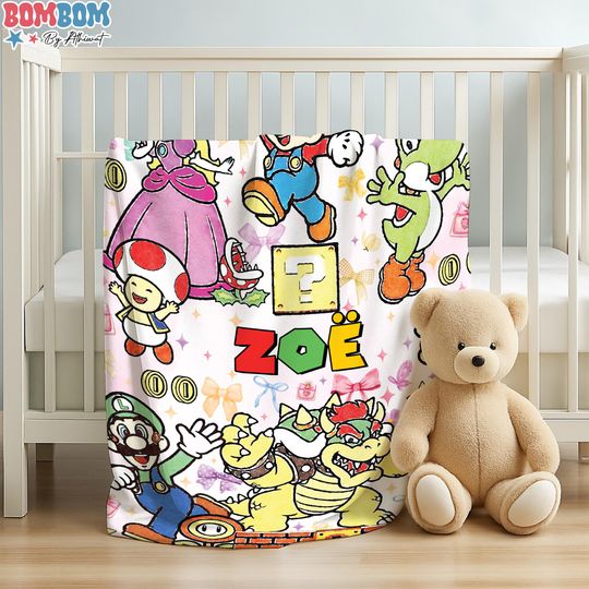 Personalized Coquette Bows Super Mario Blanket, Watercolor Blanket, Mario Luigi Princess Peach Blanket