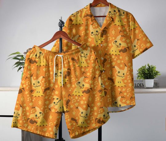 Mimikyu Hawaiian Shirt, Tropical Button-Up, Summer Beach Shorts