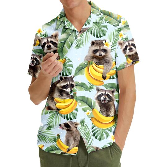 Tropical Raccoon Hawaiian Shirt Men Women Youth, Banana Raccoon Shirt