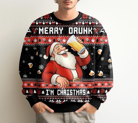Fake Ugly Christmas Sweater Beer Santa Funny Drinking Xmas Sweatshirt for Craft Beer Lovers