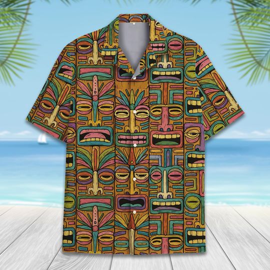 Tiki Mask Hawaiian Shirt for Men Women Youth, Summer Aloha Button-Down, Tropical Tiki Face Luau Party Shirt