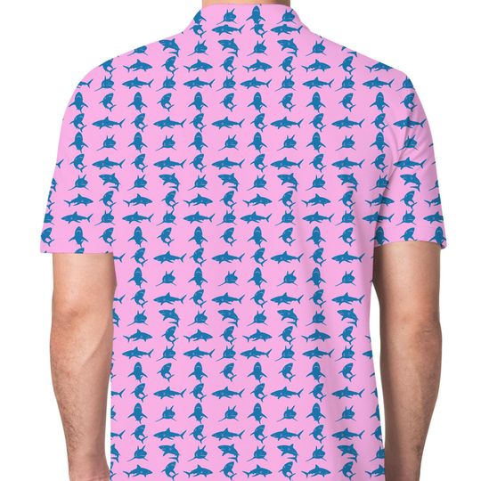 Shark Polo Shirt, Ocean Blue Fish Shirt Short Sleeve Button Up