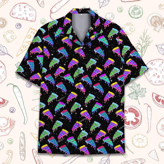 Neon Pizza Hawaiian Shirt Men Women Youth Trippy Galaxy Food Aloha Short Sleeve