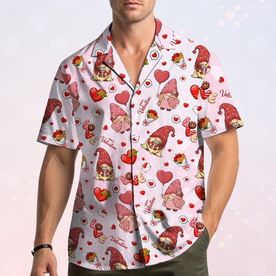 Valentine Gnome Hawaiian Shirt for Men Women, Pink Hearts Love Gnomes Aloha Top, Romantic Valentine Shirt Button Down