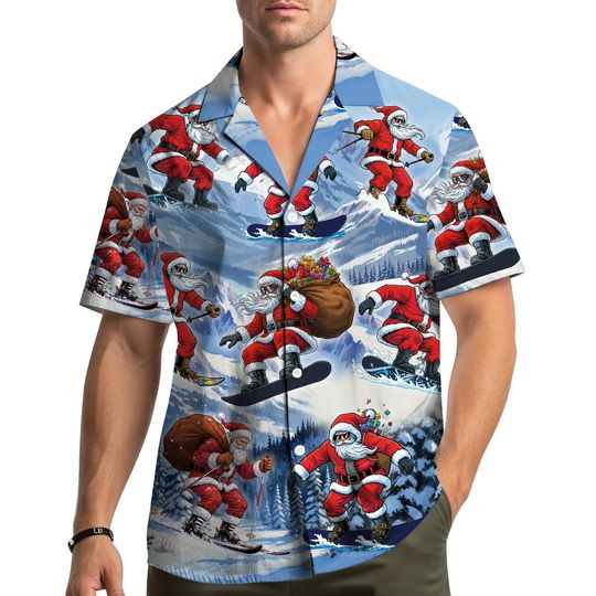 Santa Snowboarding Hawaiian Shirt for Men and Women, Winter Holiday Party Outfit
