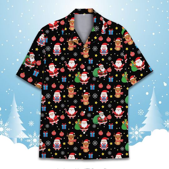 Christmas Santa Reindeer Elf Hawaiian Shirt Men Women Youth, Holiday Aloha Button-Down