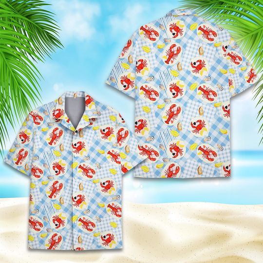 Lobster & Crab Hawaiian Shirt, Seafood Print Casual Short Sleeve Aloha Shirt, Summer Vacation Beach Shirt