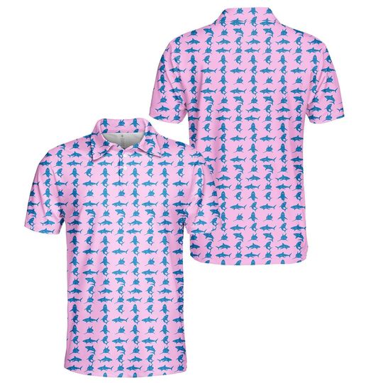 Shark Polo Shirt, Ocean Blue Fish Shirt Short Sleeve Button Up