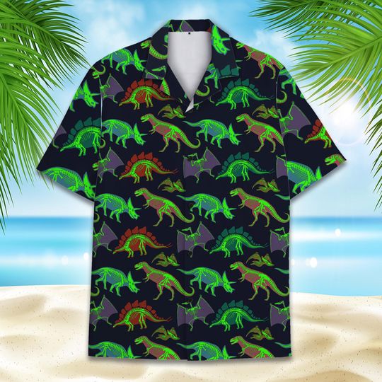 Neon Dinosaur Hawaiian Shirt Unisex Glow in the Dark Fossil Aloha Shirt Jurassic Park Style
