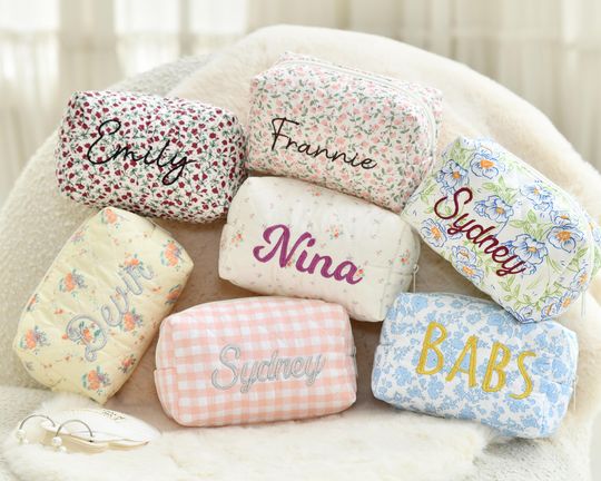 Personalized floral embroidered makeup bags for bridesmaids, bridal showers, travel organizers and Christmas gifts.