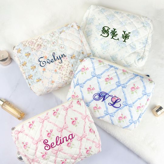 Personalized Floral Embroidered Cosmetic Bag, Custom Bridesmaid Gift, Travel Organizer, Bridal Party Favor, Spring Gift