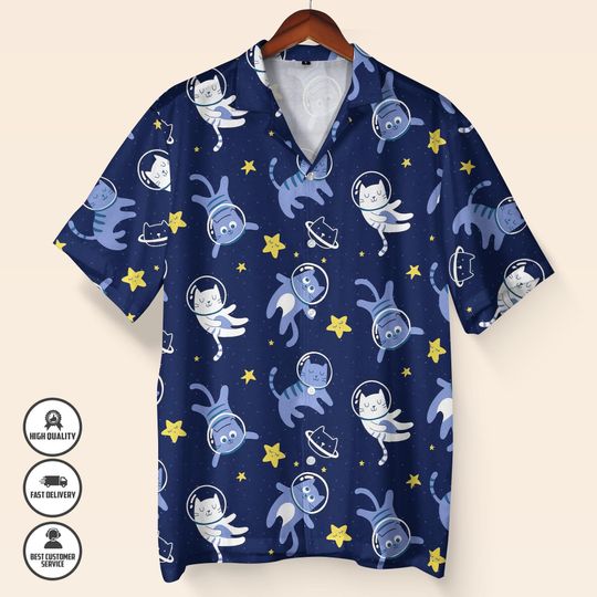 Space Cat Hawaiian Shirt & Shorts Set, Funny Galaxy Cat Button-Up Outfit
