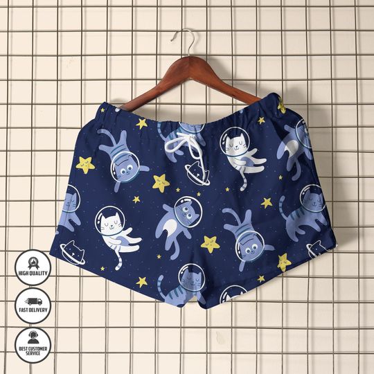 Space Cat Hawaiian Shirt & Shorts Set, Funny Galaxy Cat Button-Up Outfit