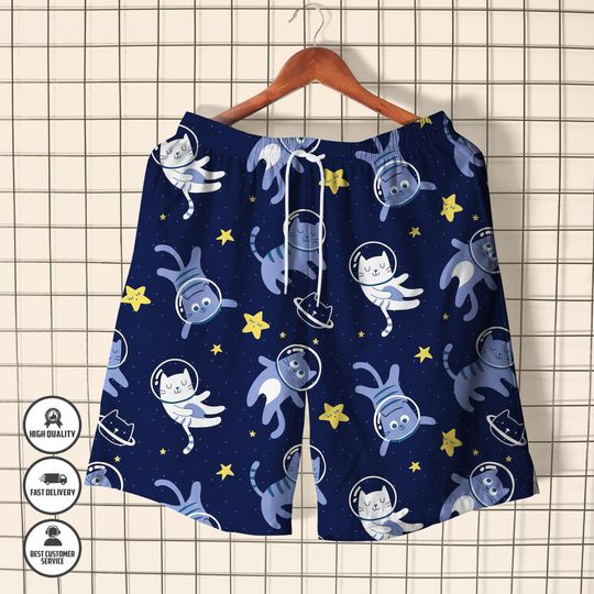 Space Cat Hawaiian Shirt & Shorts Set, Funny Galaxy Cat Button-Up Outfit