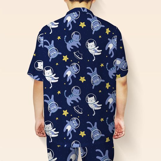 Space Cat Hawaiian Shirt & Shorts Set, Funny Galaxy Cat Button-Up Outfit