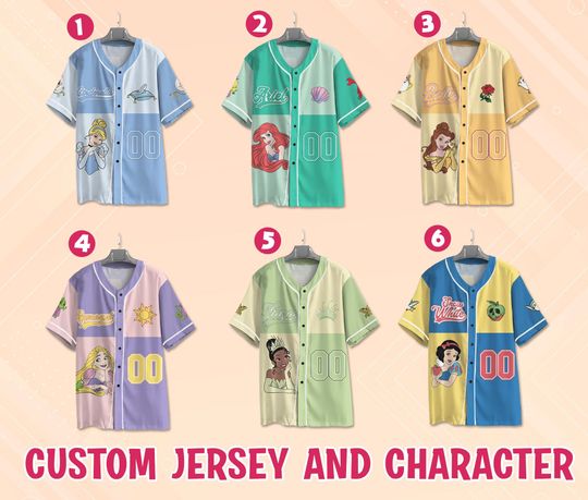 Custom Disney Princess Baseball Jersey Collection, Kids Youth Adult Disney Jersey, Disney Princess Matching Jersey, Disney Princess Jersey