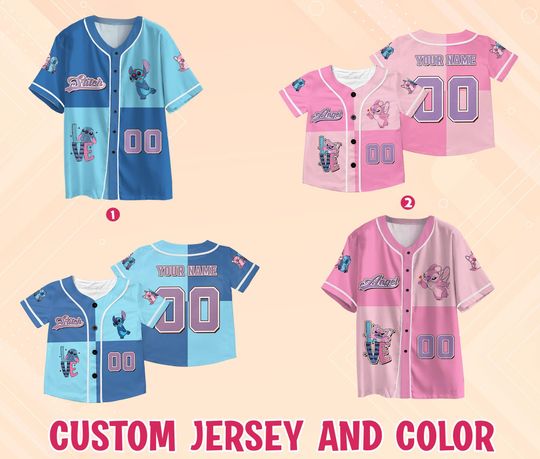 Custom Disney Stitch and Angel Baseball Jersey, Disney Stitch Jersey, Disney Angel Jersey, Family Matching Jersey, Lilo and Stitch Jersey