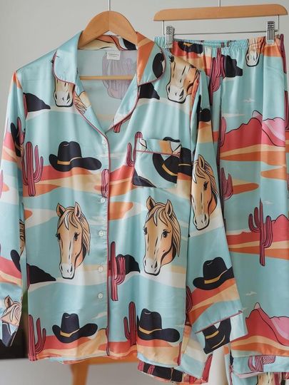 Sweet Cowgirl Satin Pajamas Set, Cowgirl Pajamas, Cowboots and Horse Pajamas, Western Pajamas, Cowboy Pajamas, Girly Matching Pajamas Set