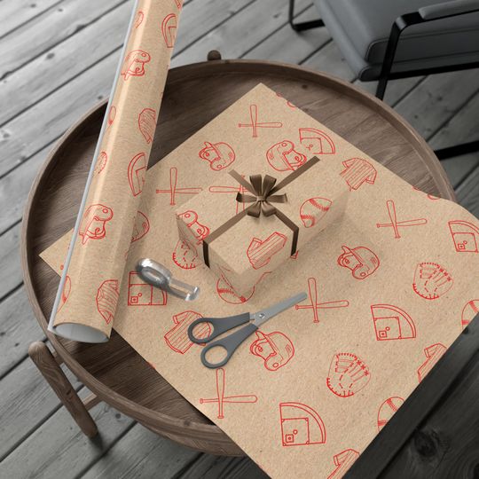 Baseball Wrapping Paper, Gift Wrap in Brown & Red