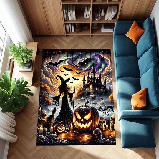 Haunted Halloween Witch Rug with Gothic Castle, Pumpkins & Bats