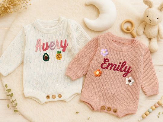 Hand Embroidery Baby Romper, Custom Baby Name Knit Romper, Personalized Newborn Outfit, 1st Birthday or Christmas Gift