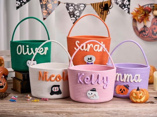 Personalized Halloween Basket With Name,Custom Trick or Treat Candy Bucket,Soft Rope Halloween Tote Bag,Halloween Gift,Kids Pumpkin Bucket