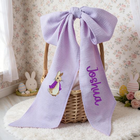 Personalized Easter Basket Bow, Embroidered Easter Basket Sash, Monogrammed Seersucker Easter Basket Bow, Baby Showers Gifts