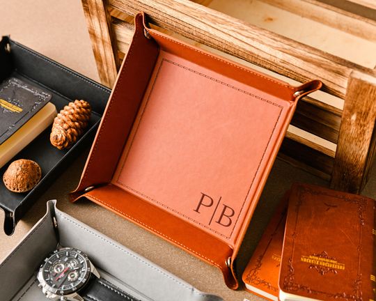 Personalized leather trays, custom engraved leather storage trays, groomsmen gift trays