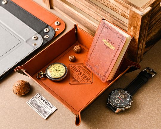 Personalized leather trays, custom engraved leather storage trays, groomsmen gift trays