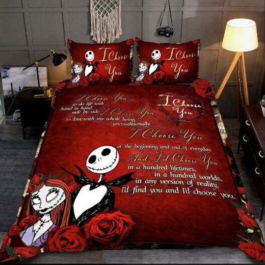 Jack Skellington And Sally couple with roses Bedding Set