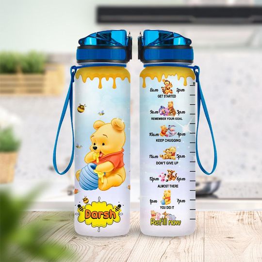 Personalized Winnie The Pooh Water Tracker Bottle 32oz, Pooh Drink Bottle, Pooh Birthday Gift, Pooh Bear Sport Bottle, Pooh Gift,Pooh Bottle