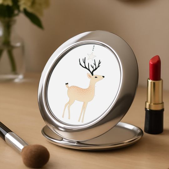 Dreamy Celestial Deer Compact Mirror | Minimalist Woodland Animal | Portable Makeup Mirror | Nature Lover Gift | Starry Night Design