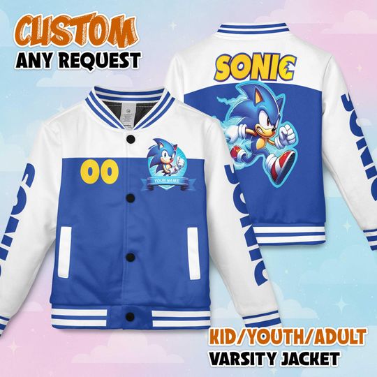 Custom Sonic Varsity Jacket, Personalized Sonic the Hedgehog Baseball Jacket, Kids Youth Adult Varsity Jacket