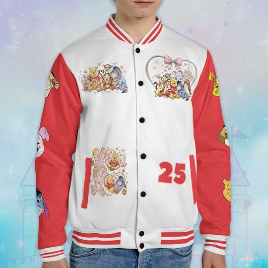 Custom Winnie the Pooh Valentines Day Varsity Jacket, Personalized Winnie the Pooh Baseball Shirt, Valentine Gift
