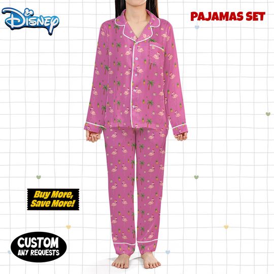 Tropical Flamingo Palm Tree Christmas Satin Pajamas Set, Beach Christmas Satin Pajamas, Christmas Loungewear, Matching Family Xmas Sleepwear