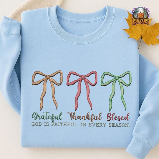 Faith Based Embroidered Sweatshirt, Grateful Thankful Blessed Embroidered Shirt, Fall Coquette Shirt, Religious Fall Halloween Embroidery