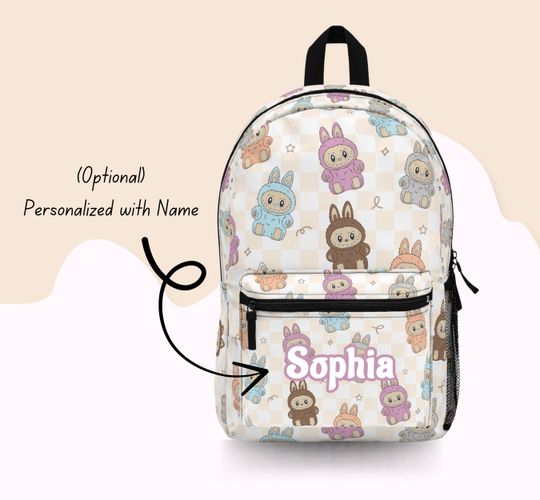 Personalized Labubu Gingham Backpack - Cute School Bag for Girls