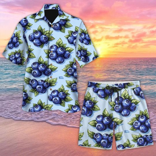 Blueberry Hawaiian Shirt and Short, Fruit Pattern Button Up Shirt, Summer Aloha Shirt, Blueberry Lovers Shirt, Fresh Vacation Outfit