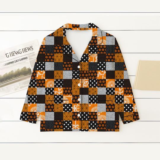 Plaid Patchwork Halloween Pajama Set, Black and Orange Sleepwear