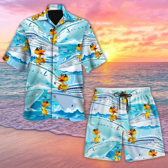 Duck Hawaiian Shirt and Short, Funny Cruise Shirt, Cartoon Beach Button Up, Vacation Aloha Shirt, Summer Top and Short