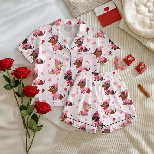 Valentine Dachshund Pajamas for Women, Cute Sausage Dog Heart Sleepwear Set with Pockets