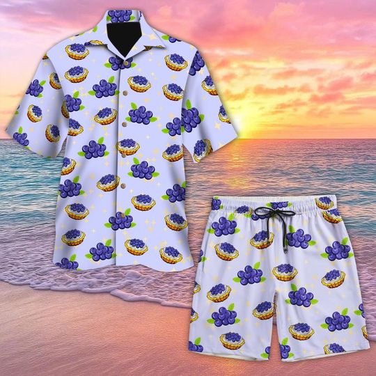 Blueberry Tart Hawaiian Shirt and Short, Cute Dessert Shirt, Summer Button Up, Food Pattern Aloha Shirt, Fun Vacation Outft Gift