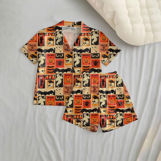 Halloween Pumpkin Ghost Skull Dracula Short Pajama Set with Pocket