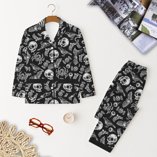 Halloween Skull and Spider Pajama Set for Adults