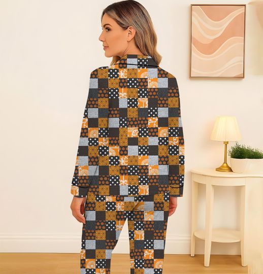 Plaid Patchwork Halloween Pajama Set, Black and Orange Sleepwear