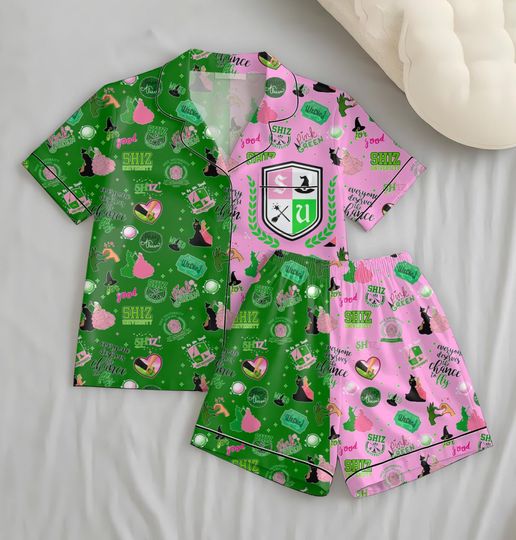 Wicked Shiz University Pajamas Set with Pocket, Wizard of Oz Sleepwear, Pink Green Women’s Short Pajamas, Musical Movie Fan Gift
