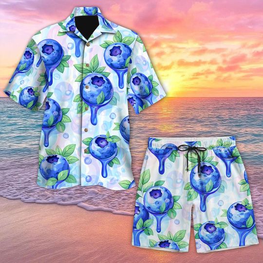Blueberry Drip Hawaiian Shirt and Short, Fruit Aloha Shirt, Summer Button Up, Shirt for Blueberry Lovers