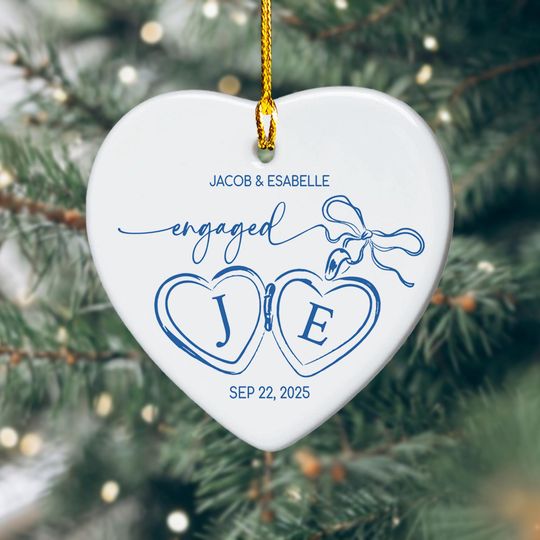 Custom Engagement Ornament, Engaged Locket Bow Christmas Ornament