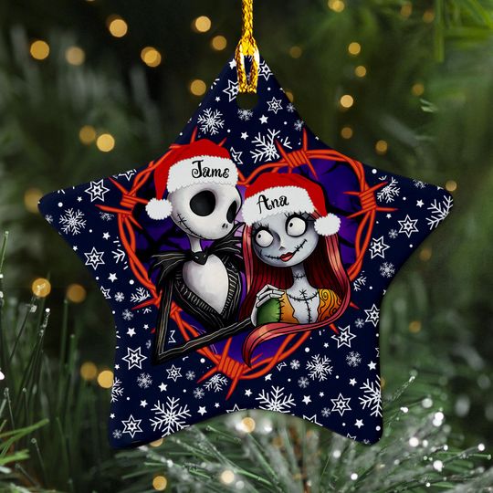 Personalized Ornament Scary Couple With Santa Hat, Nightmare Animated Movie Xmas Ornament